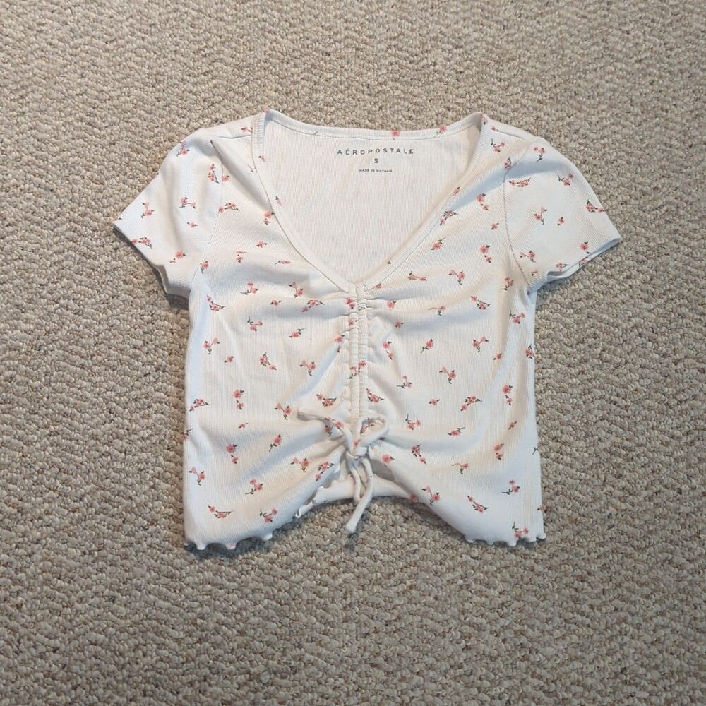 Aeropostale Crop Top Womens Small Floral Cinched V Neck Ribbed Cottagecore